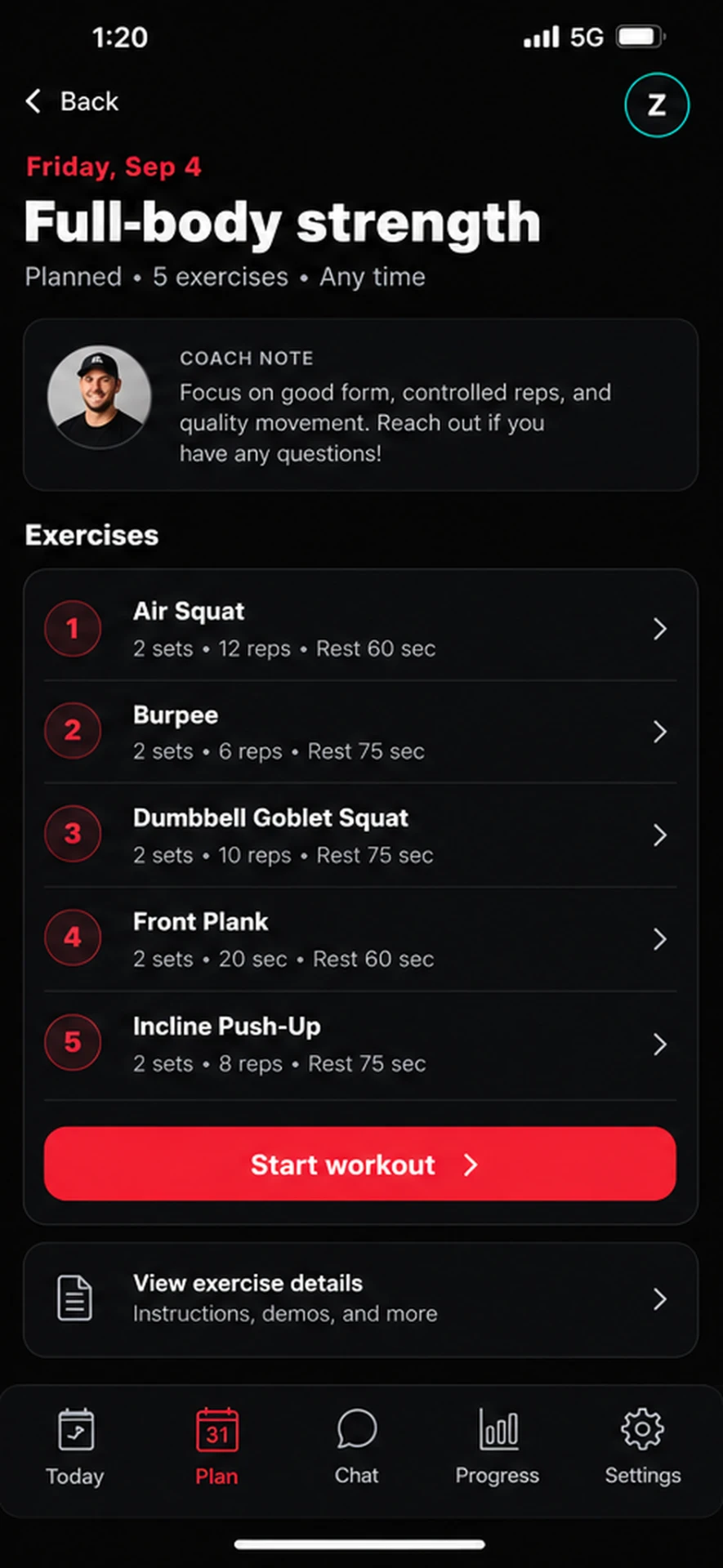 TrainerDNA client app workout screen with coach note and exercise list