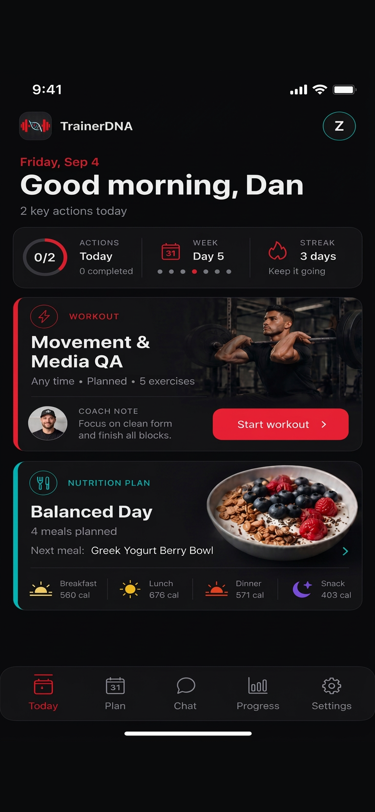 TrainerDNA client app home screen with today's workout and nutrition plan